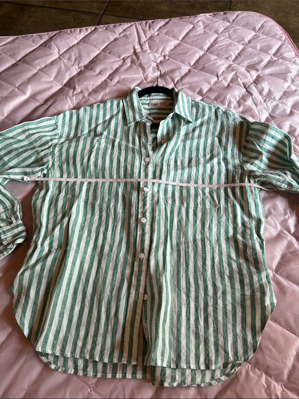 Faherty Green and White Striped Button-Down 100% linen Shirt - Picture 6 of 7